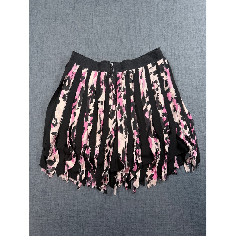 Bebe Addiction Silk Leopard Print Fringed Mini Skirt Pink Black 205AN301-J415